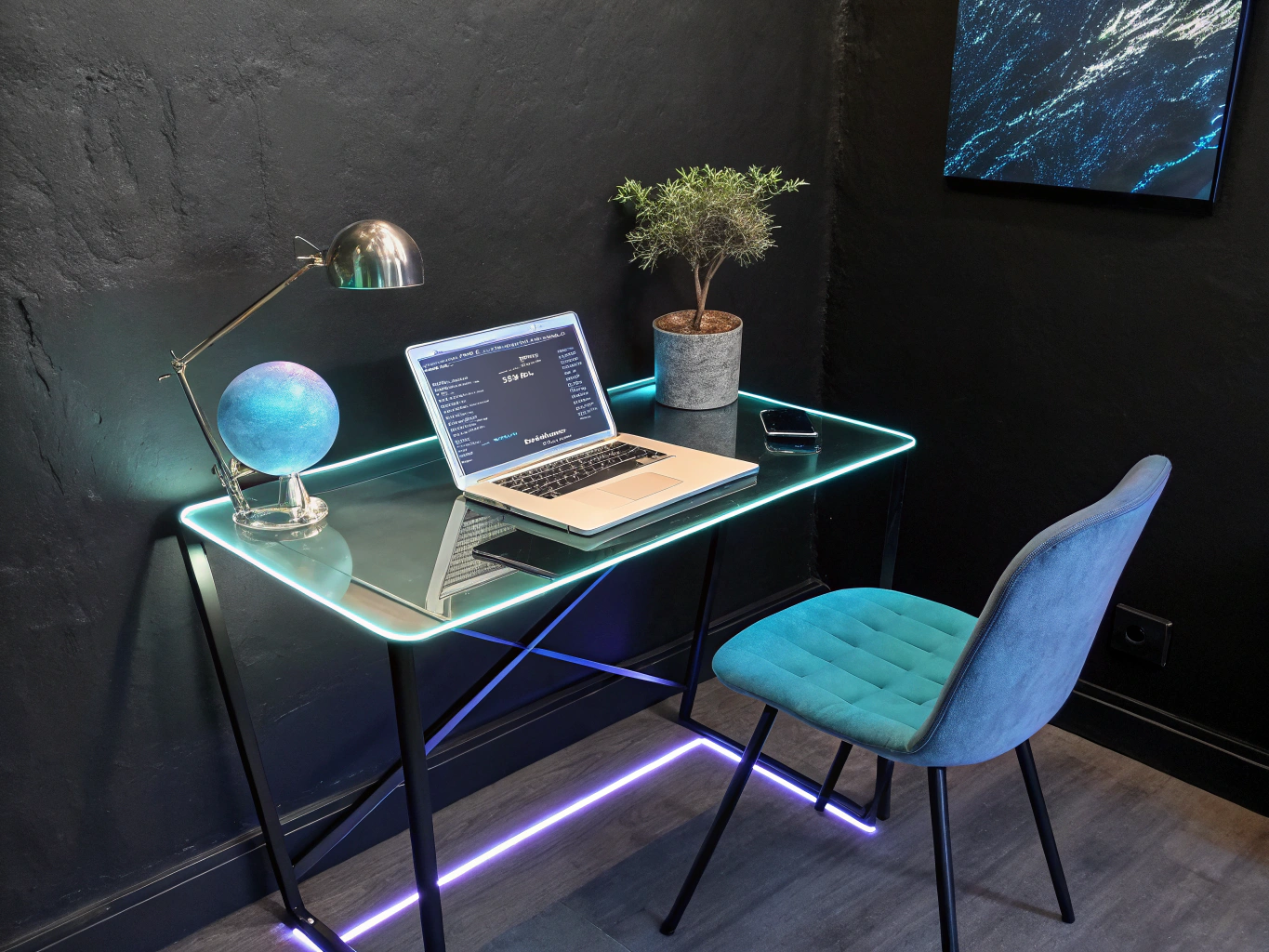 Minimalist cord-free workspace with architectural lighting